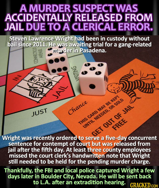 A MURDER SUSPECT WAS ACCIDENTALLY RELEASED FROM JAIL DUE TO A CLERICAL ERROR. Steven Lawrence Wright had been in custody without bail since 2011. He w