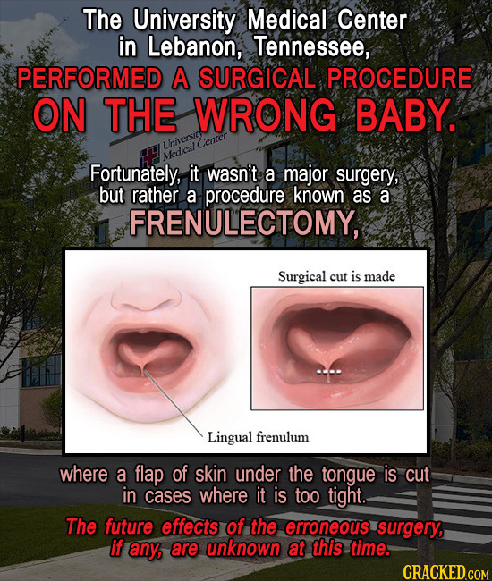 The University Medical Center in Lebanon, Tennessee, PERFORMED A SURGICAL PROCEDURE ON THE WRONG BABY. Lniersick Center Medical Fortunately, it wasn't