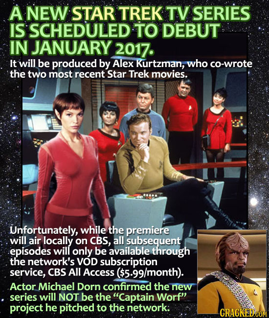 A NEW STAR TREK TV SERIES IS SCHEDULED TO DEBUT IN JANUARY 2017 It will be produced by Alex Kurtzman, who co-wrote the two most recent Star Trek movie
