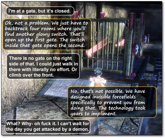 I'm at a gate, but it's closed. Ok, not a problem. We just have to backtrack four rooms where you'll find another glowy switch. That'll open up the fi