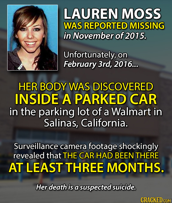 LAUREN MOSS WAS REPORTED MISSING in November of 2015. Unfortunately, on February 3rd, 2016... HER BODY WAS DISCOVERED INSIDE A PARKED CAR in the parki