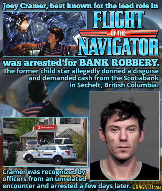 Joey Cramer, best known for the lead role in FLIGHT OF THE NAVIGATOR was arrested for BANK ROBBERY. The former child star allegedly donned a disguise 