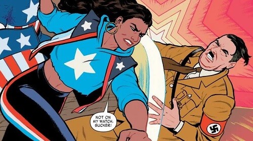 America Chavez punching Adolf Hitler in Marvel comic.