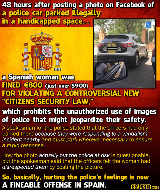 48 hours after posting a photo on Facebook of a police car parked illegally in a handicapped space.oo P:12 a Spanish woman was FINED E800 (just over $