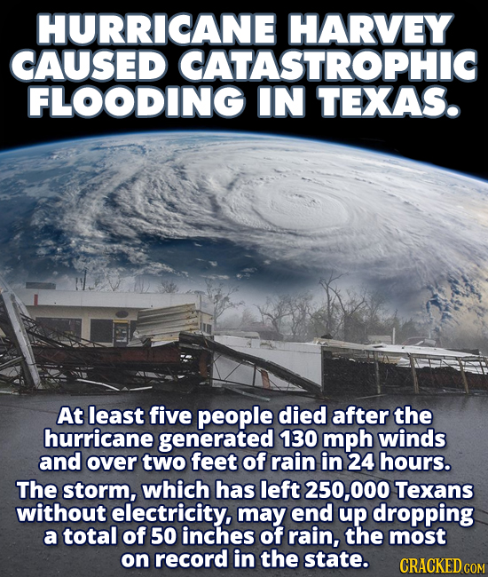 HURRICANE HARVEY CAUSED CATASTROPHIC FLOODING IN TEXAS. At least five people died after the hurricane generated 130 mph winds and over two feet of rai