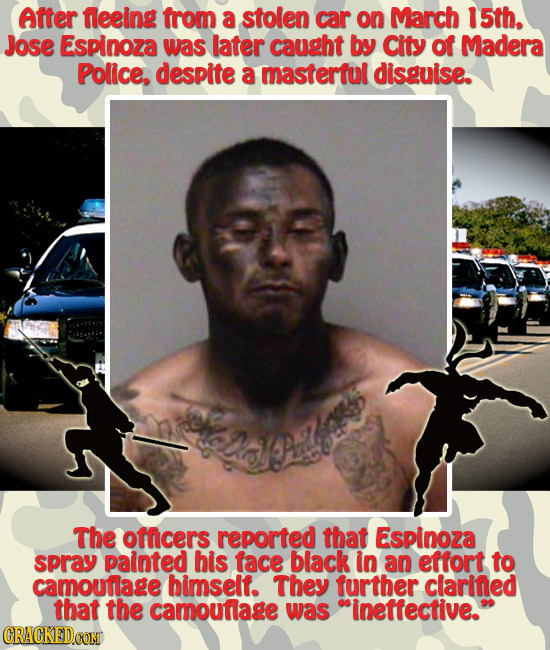 After fleeing from a stolen car on March 1 5th. jose Espinoza was later caught by City of Madera Police. despite a masterful disguise. The officers re