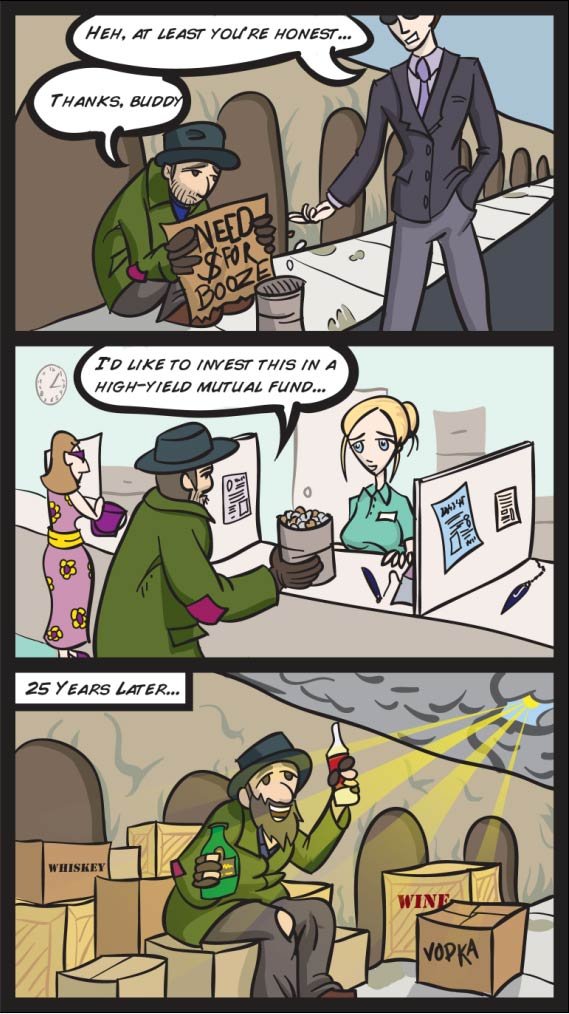 HEH. AT LEAST YOURE HONEST... THANKS, BUDDY NEED GFOR BOOZ To LIKE TO IMVEST THIS IN A HIGH-YIELD MUTUAL FUND... PA llo al n 25 YEARS LATER... WHISKEY