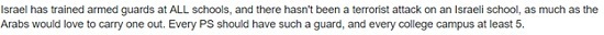 Israel has trained armed guards at ALL schools. and there hasn't been a terrorist attack on an ac ischool, as much as the abs nur love to carry one ou