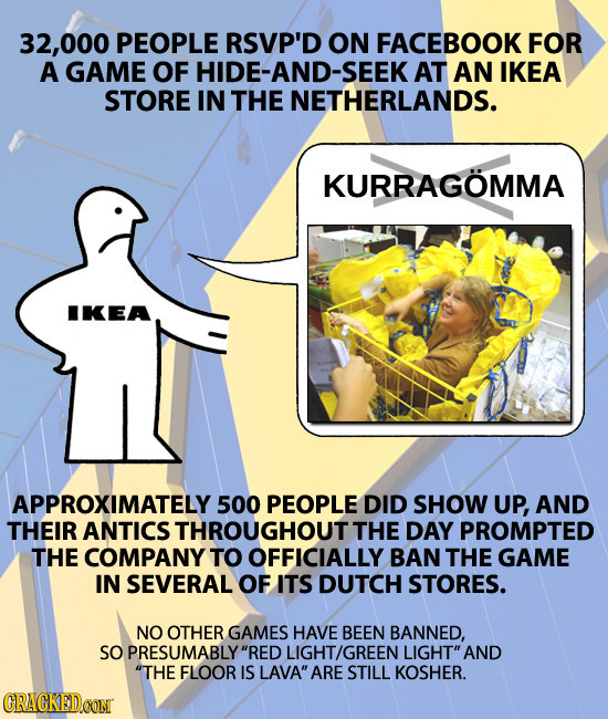 32,000 PEOPLE RSVP'D ON FACEBOOK FOR A GAME OF HIDE-AND-SEEK AT AN IKEA STORE IN THE NETHERLANDS. KURRAGOMMA IKEA APPROXIMATELY! 500 PEOPLE DID SHOW U