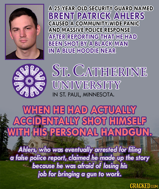 A 25-YEAR-OLD SECURITY GUARD NAMED BRENT PATRICK AHLERS CAUSED A COMMUNITY-WIDE PANIC AND MASSIVE POLICE RESPONSE AFTER REPORTING THAT HE HAD BEEN SHO