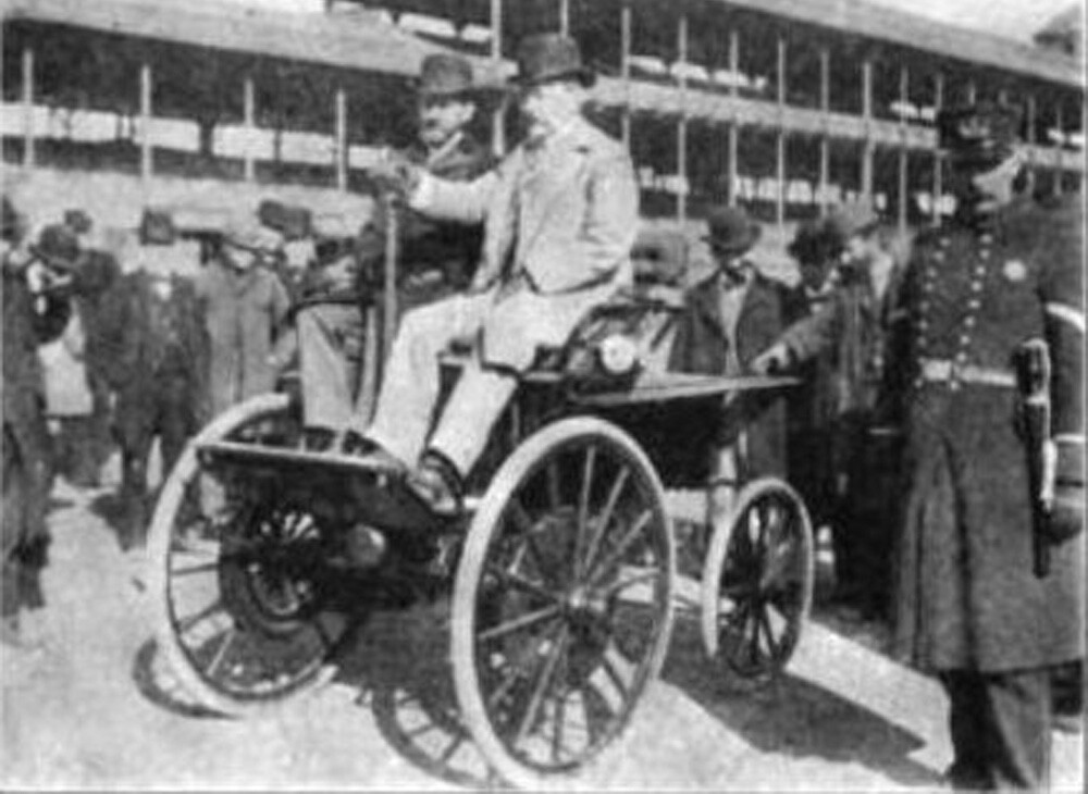 Henry G. Morris and Pedro G. Salom in their 1894 Electrobat automobile