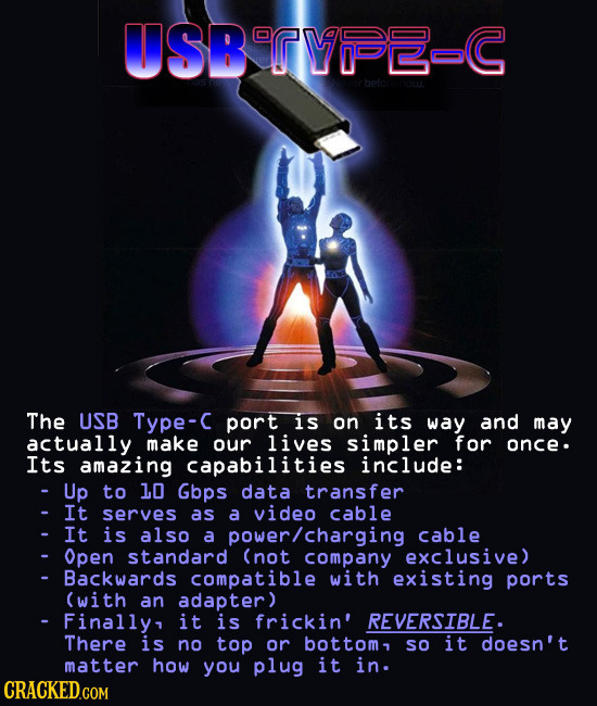 USBTYE-C The USB Type-C port is on its way and may actually make our lives simpler for once. Its amazing capabilities include: Up to 10 Gbps data tran