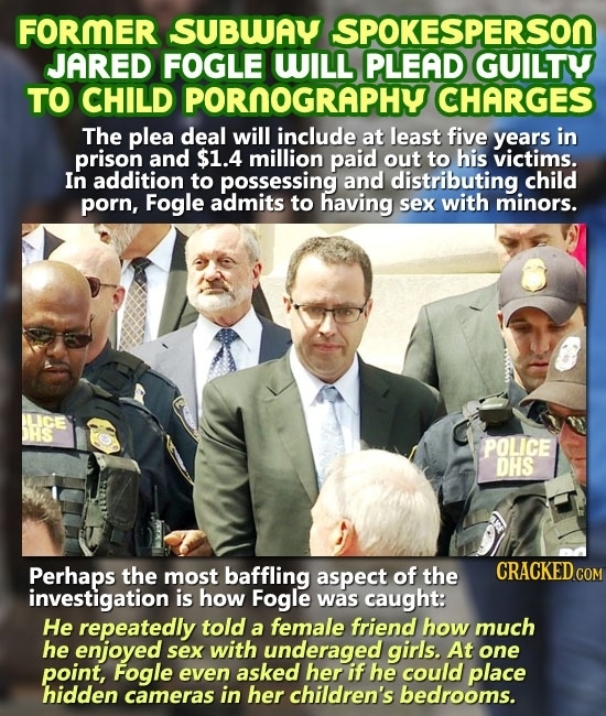 FORMER SUBUAY SPOKESPERSON JARED FOGLE WILL PLEAD GUILTY TO CHILD PORNOGRAPHY CHARGES The plea deal will include at least five years in prison and $1.