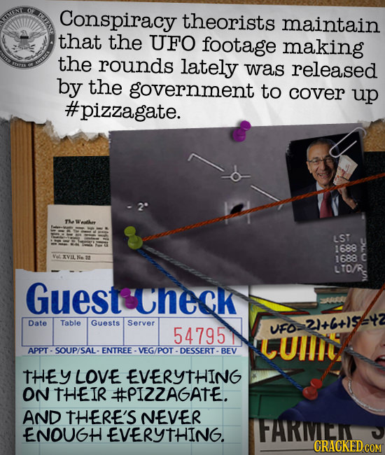 Conspiracy theorists maintain that the UFO footage making the rounds lately was released by the government to cover up #pizzagate. Te W uthe LST 1688 