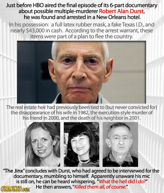 Just before HBO aired the final episode of its 6-part documentary about possible multiple-murderer Robert Alan Durst, he was found and arrested in a N