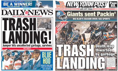 BWVUEV REASSR CONTHT BE Page A WINNER! NEWYORKPOST Six MAN are DAILY NEWS 1 Giants sent Packin' TRASH BIG BLUE'S SEASOM OVER: SEE SPORTS PHOTO LANDING