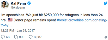 Kal Penn @kalpenn I'm speechless. We just hit $250.000 for refugees in less than 24 hrs. Donor page remains open! #resist crowdrise.com/donating- to-s