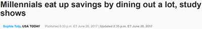 Millennials eat up savings by dining out a lot, study shows Soohla TUUSA TOOAY e ET Jre 22017 Uodated 235 DM ET 28 2017 