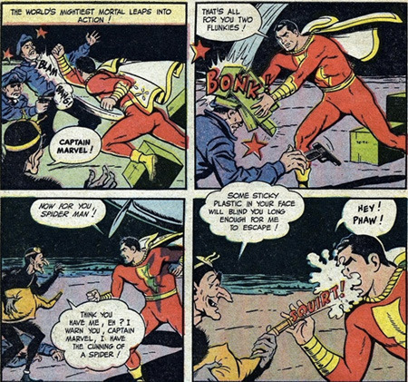 THE WORLD'S MIGITIEGT MORTAL LEAPS INTO TAT'S ALL ACTION FOR You TwO FLUNKIES! BONKK CAPTAIN MARVEL ! SOME STICKY ow ROR PLASTIC yoU N YOUR FACE NeY !