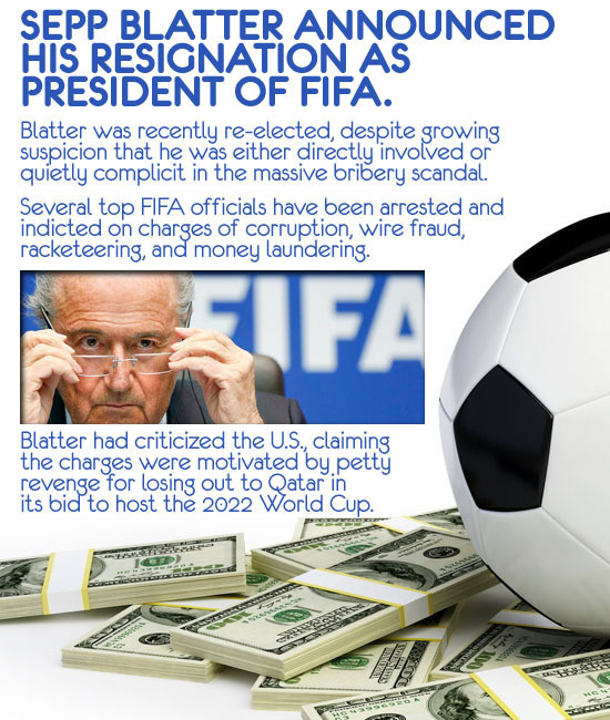 SEPP BLATTER ANNOUNCED HIS RESIGNATION AS PRESIDENT OF FIFA. Blatter was recently re-elected, despite growing suspicion that he was either directly in