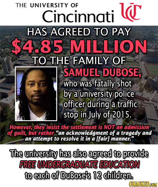 THE UNIVERSITY OF lc Cincinnati HAS AGREED TO PAY $4.85 MILLION TO THE FAMILY OF SAMUEL DUBOSE, who WaS fatally shot by a university police officer du
