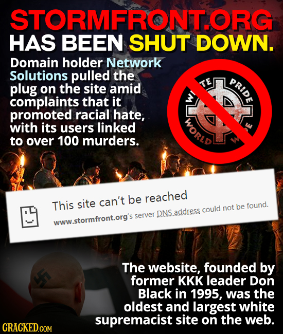 STORMFRONT.ORG HAS BEEN SHUT DOWN. Domain holder Network Solutions pulled the PRIDE plug on the site amid complaints that it promoted racial hate, WOR