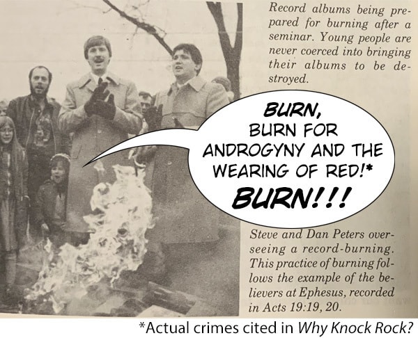 Record albums being pre- pared for burning after a seminar. Young people are never coerced into bringing their albums to be de- stroyed. BURN, BURN FO