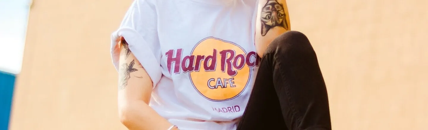 Person wearing a Hard Rock Cafe t-shirt