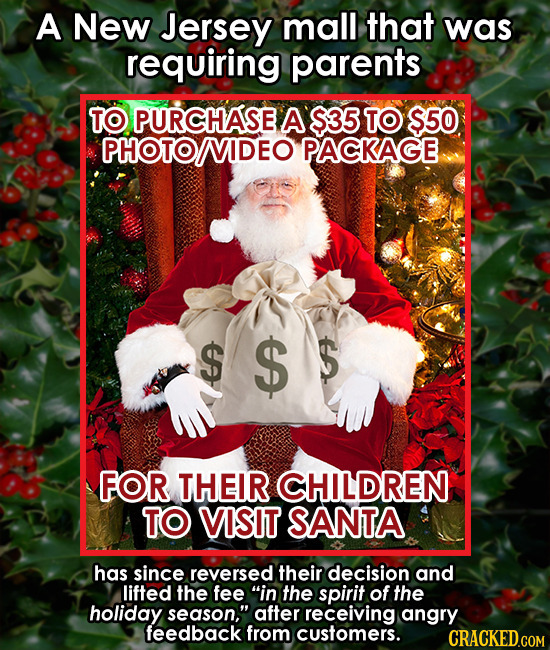 A New Jersey mall that was requiring parents TO PURCHASE A $35 TO $50 PHOTONIDEO PACKAGE $ $ FOR THEIR CHILDREN TO VISIT SANTA has since reversed thei