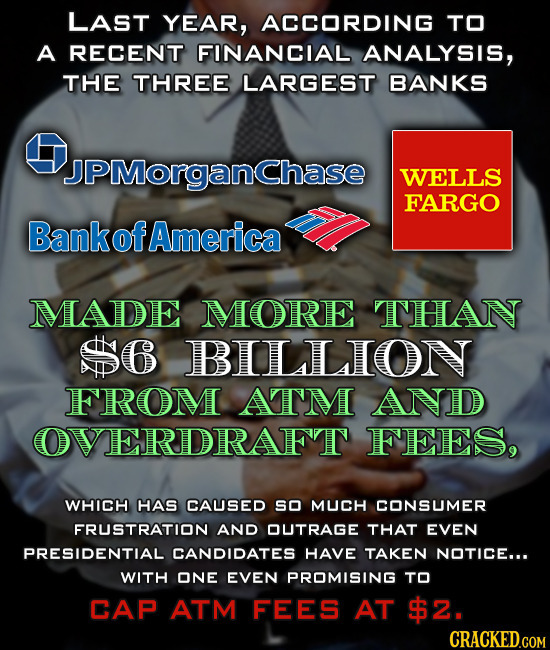 LAST YEAR, ACCORDING TO A RECENT FINANCIAL ANALYSIS, THE THREE LARGEST BANKS JPMorganchase WELLS FARGO BankofAmerica MADE MORE THAN $6 BILLION FROM AT