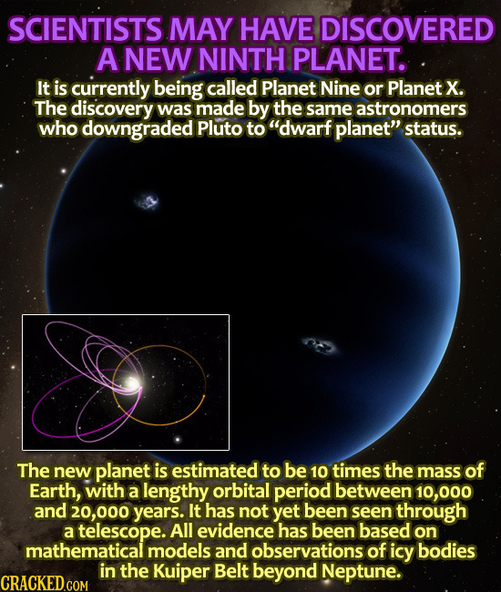 SCIENTISTS MAY HAVE DISCOVERED ANEW NINTH PLANET. It is currently being called Planet Nine or Planet X. The discovery was made by the same astronomers