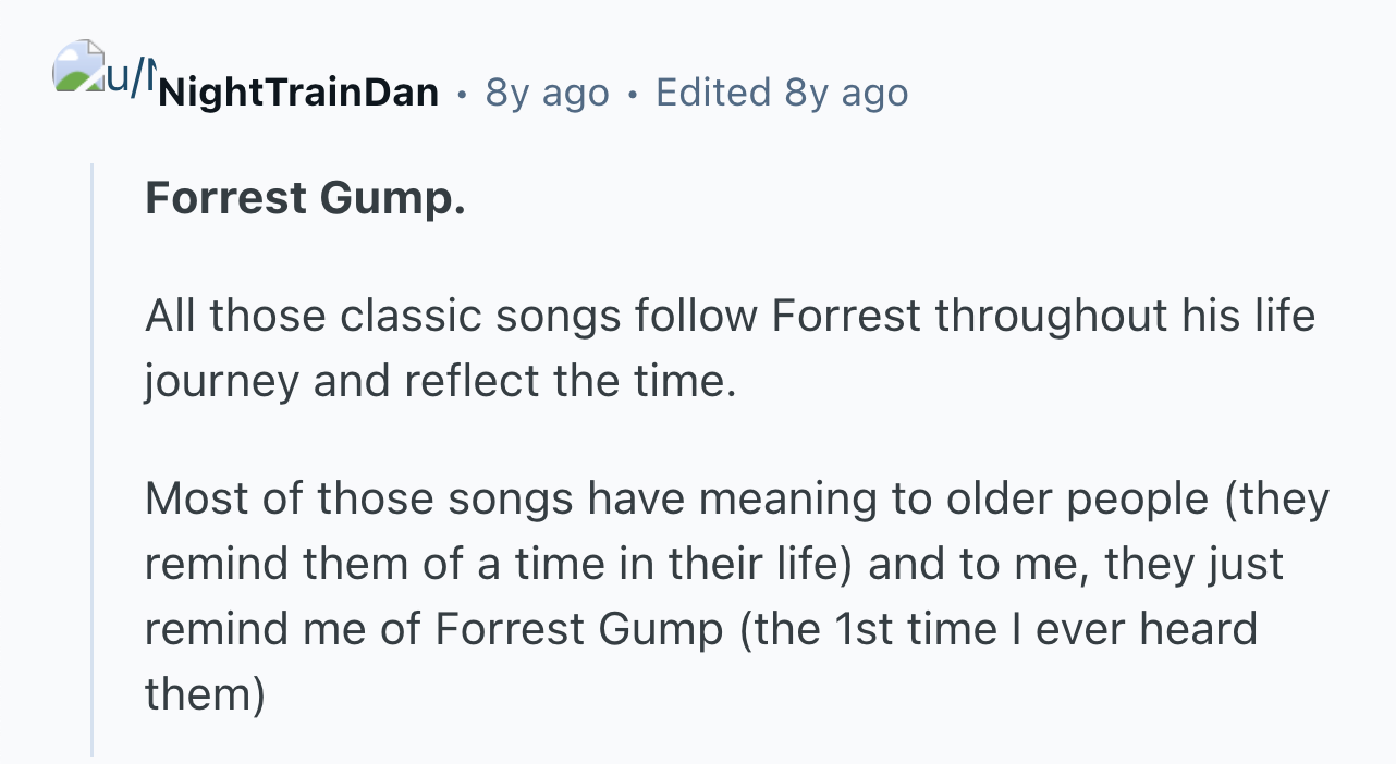 Reddit comment about Forrest Gump soundtrack