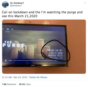 IG: Drebonez @Drebone7 Cali on lockdown and the I'm watching the purge and see this March 21,2020 THE PURGE PM 18:24:87 03.21.2020 PURGE FEED OCLINA O