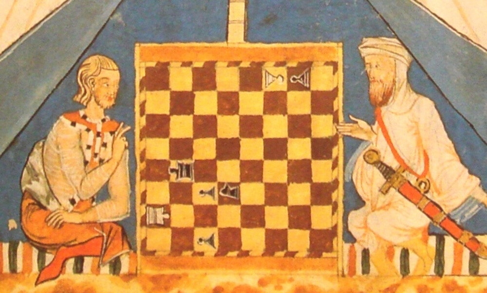 A Christian and a Muslim playing chess in 13th-century al-Andalus