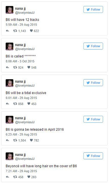 nana j Follow @lovelymissJ B6 will have 12 tracks 5:59 AM Aug 2015 1.143 622 nana jj Follow @lovelymissJJ B6 is called 8:08 AM -3 Oct 2015 3 924 548 n