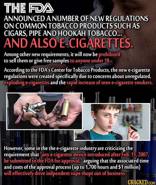 THE FDA ANNOUNCED A NUMBER OF NEW REGULATIONS ON COMMON TOBACCO PRODUCTS SUCH AS CIGARS, PIPE AND HOOKAH TOBACCO... AND ALSO E-CIGARETTES. Among other