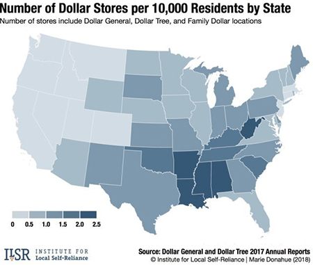 Number of Dollar Stores per 10,000 Residents by State Number of stores include Dollar General. Dollar Tree. and Family Dollar locations 0 0.5 1.0 1.5 
