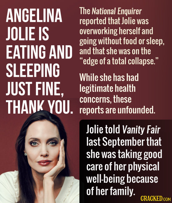ANGELINA The National Enquirer reported that Jolie was JOLIE IS overworking herself and going without food or sleep, EATING AND and that she was on th