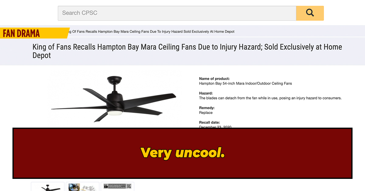 Home Depot Ceiling Fans Recalled As Blades Keep Flying Off Smacking People Ed Com - Hampton Bay 54 In Mara Indoor Outdoor Ceiling Fan