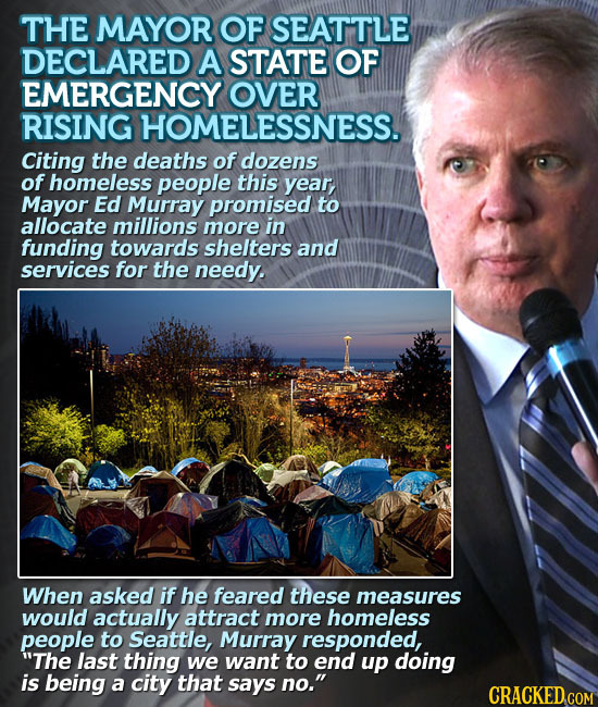 THE MAYOR OF SEATTLE DECLARED A STATE OF EMERGENCY OVER RISING HOMELESSNESS. Citing the deaths of dozens of homeless people this year, Mayor Ed Murray