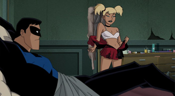 Harley Quinn undressing in front of Nightwing