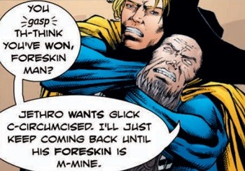 5 'What?' Superhero Stories Hollywood Can Never Make -  scenes from the Foreskin Man comic book