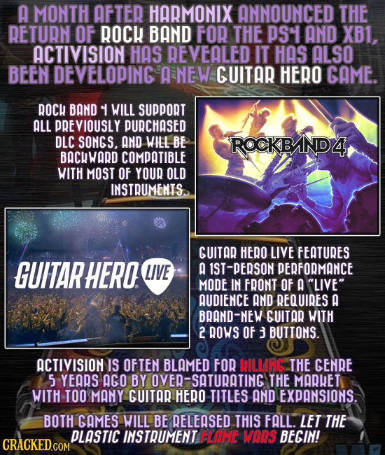 A MONTH AFTER HARMONIX ANNOUNCED THE RETURN OF ROCK BAND FOR THE PS4 AND XB1, ACTIVISION HAS REVEALED IT HAS ALSO BEEN DEVELOPING A NEW GUITAR HERO CA