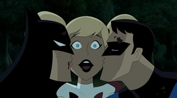 Batman and Nightwing kiss Harley Quinn