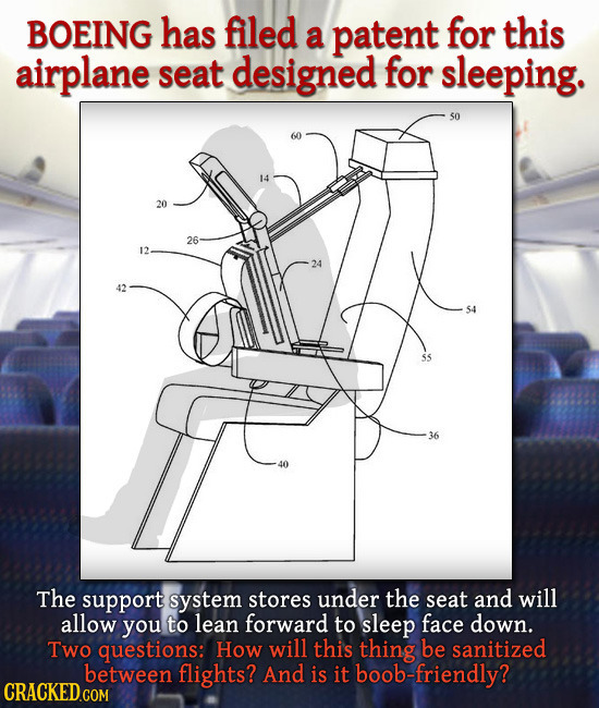 BOEING has filed for a patent this airplane seat designed for sleeping. 20 26 12 36 The support system stores under the seat and will allow you to lea
