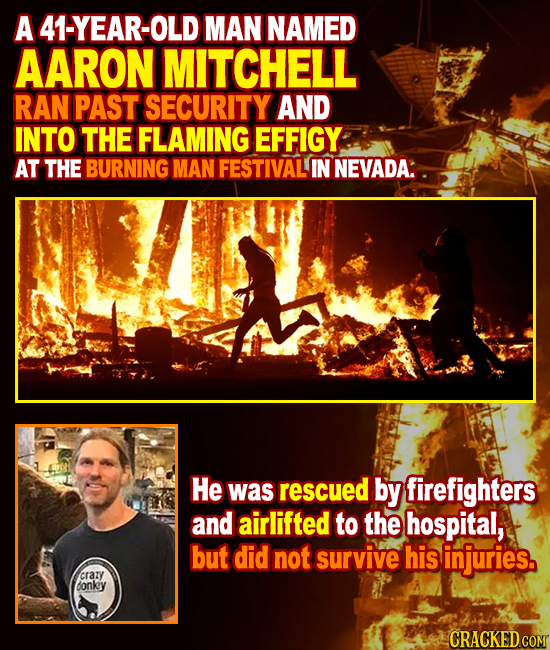 A 41-YEAR-OLD MAN NAMED AARON MITCHELL RAN PAST SECURITY AND INTO THE FLAMING EFFIGY AT THE BURNING MAN FESTIVAL IN NEVADA: He was rescued by firefigh