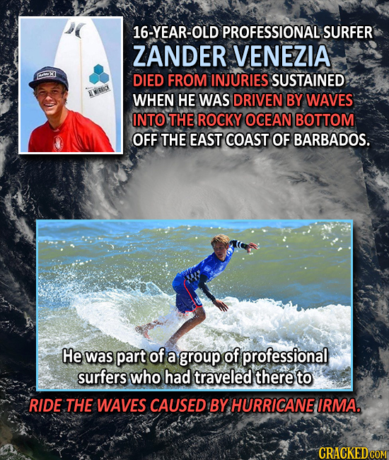 16-YEAR-OLD PROFESSIONAL SURFER ZANDER VENEZIA 3 DIED FROM INJURIES SUSTAINED IMERRIO WHEN HE WAS DRIVEN BY WAVES INTO THE ROCKY OCEAN BOTTOM OFF THE 