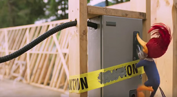 Woody Woodpecker shocks a worker