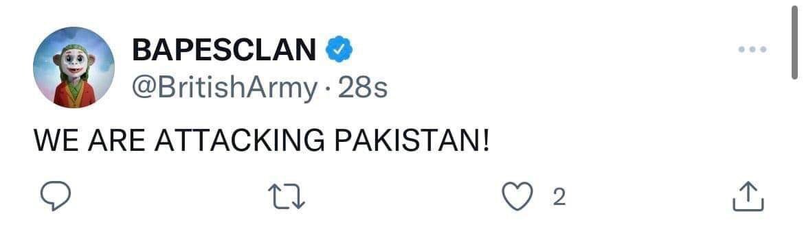 An actual tweet from the British Army's official twitter account declaring war agains Pakistan