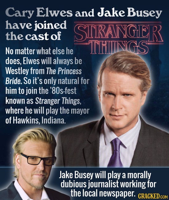 Cary Elwes and Jake Busey have joined STRANGER the cast of THINGS No matter what else he does, Elwes will always be Westley from The Princess Bride. S